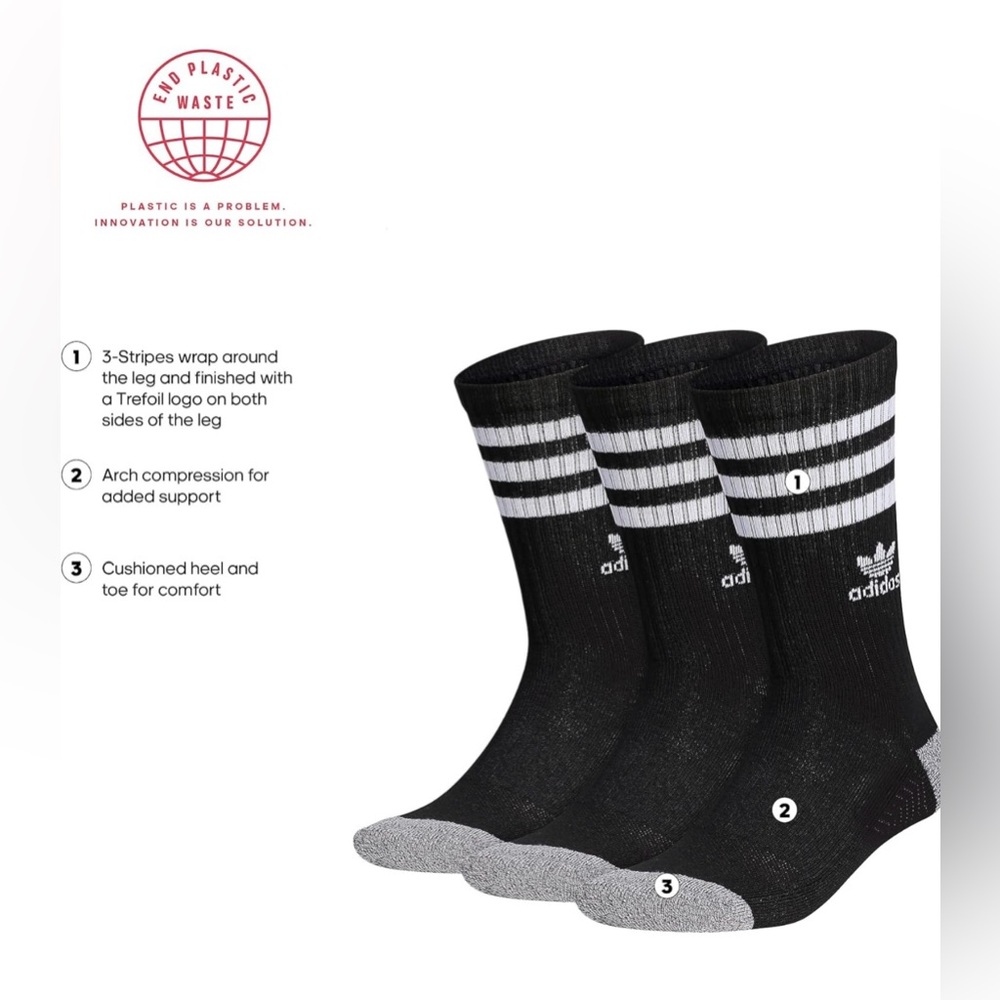 NWT!!  adidas Roller Men’s Crew Socks 3 Pair- Sz L